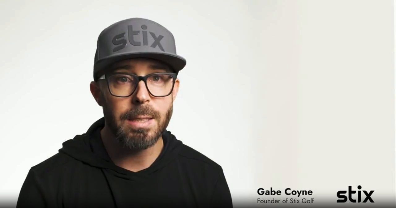 Frame from the Stix TV spot: Gabe Coyne, Founder of Stix Golf, speaking to camera
