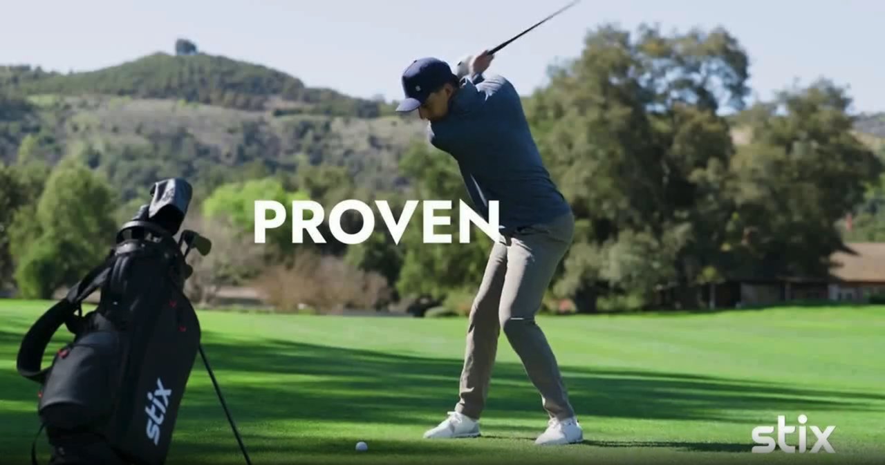 Frame from the Stix TV spot: a golfer mid-swing with the word PROVEN