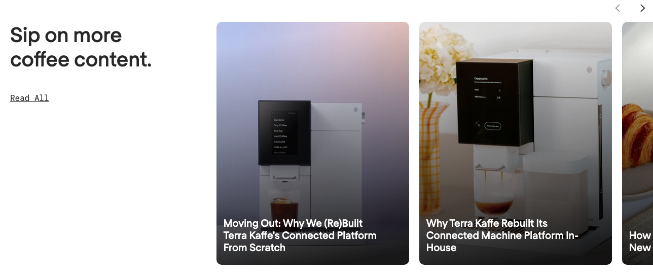 Terra Kaffe homepage: Sip on more coffee content, two posts about rebuilding its connected platform