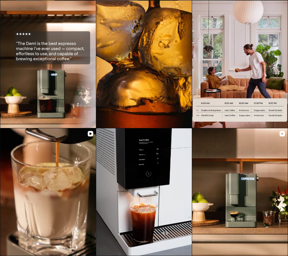 Six more Terra Kaffe Instagram posts: machines, drinks, one review quote, one lifestyle scene