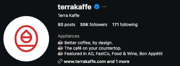 Terra Kaffe Instagram profile: 93 posts, 55K followers; bio lists press features