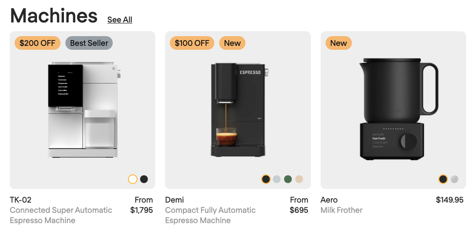 Terra Kaffe Shop All page, Machines: TK-02, Demi and Aero